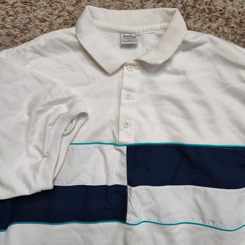 VTG Jantzen White Horizontal Color Block Polo Men Sz L Short Sleeve Shirt
